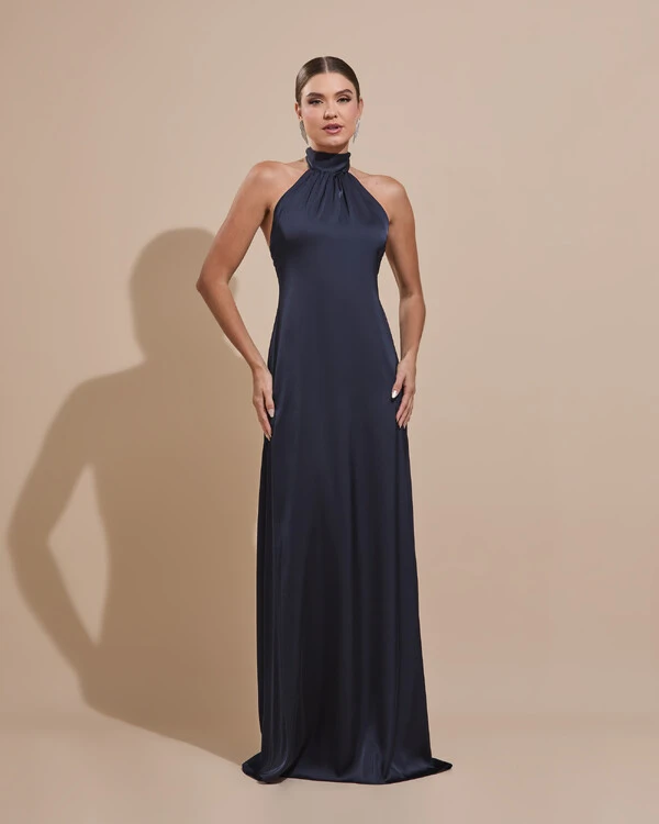 Vestido de Festa Gola Alta com Decote nas Costas Acetinado Azul Marinho