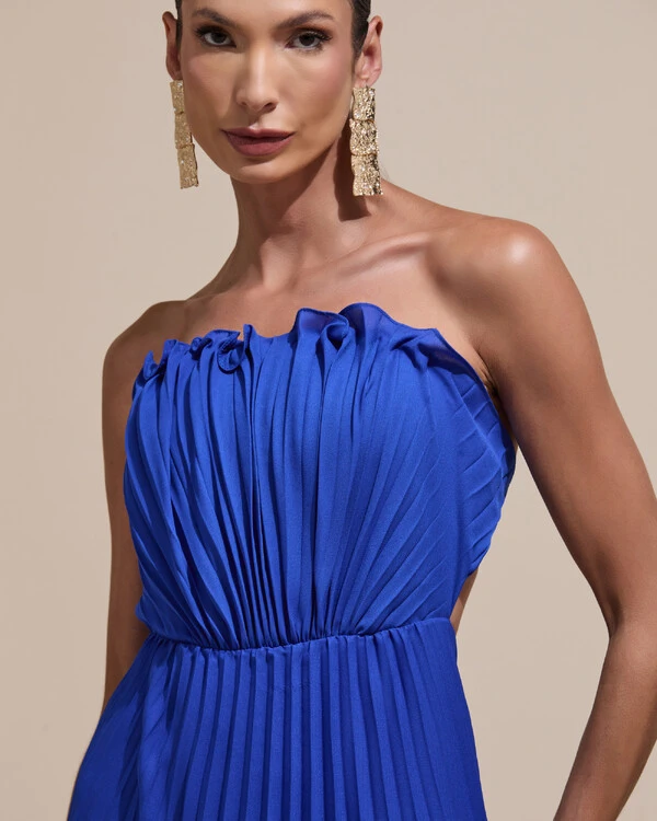 Vestido de Festa Longo Tomara que Caia Plissado Detalhe Azul Royal