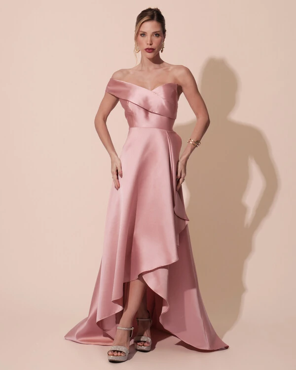 Vestido de Festa Longo Zibeline um Ombro Só Mullet Rose