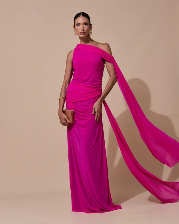 Vestido de Festa Longo Um Ombro Só Tule Faixa Drapeada Lenço Pink
