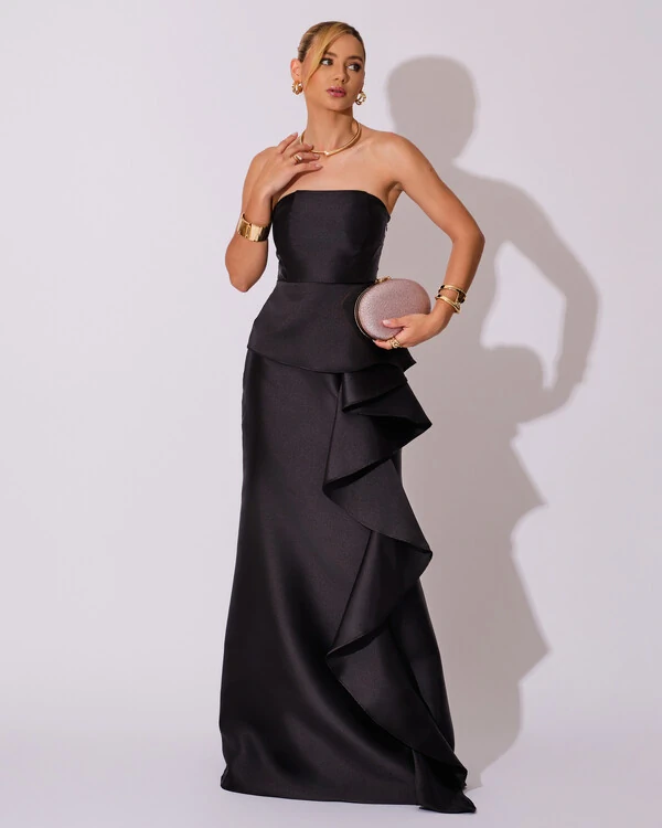 Vestido de Festa Longo Tomara que Caia Babado Cascata Preto