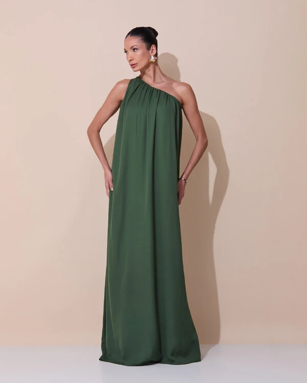 Vestido de Festa Longo Crepe Fluido um Ombro Só com Lenço Verde Escuro New