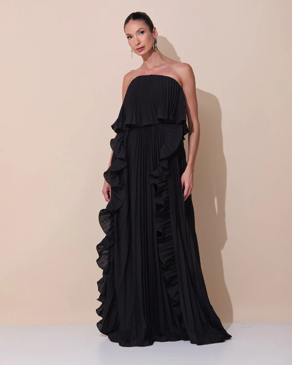 Vestido de Festa Longo Crepe Chiffon Tomara que Caia Plissado com Babado Cascata Preto