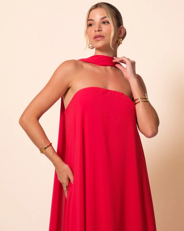 Vestido de Festa Longo Crepe Tomara que Caia com Lenço Vermelho