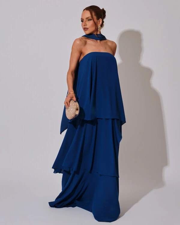 Vestido de Festa Longo Chiffon Crepe em Camadas com Lenço Azul Royal