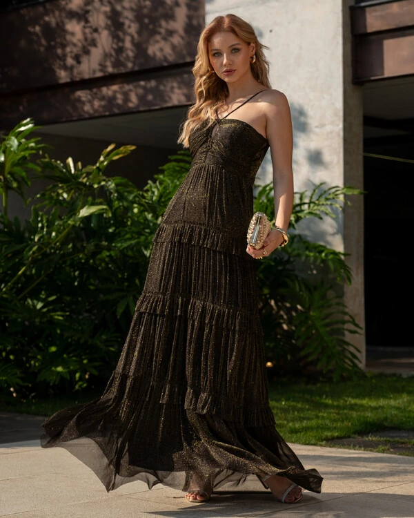 Vestido de Festa Longo Tule com Saia Babado Preto