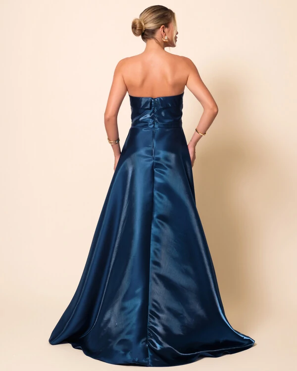 Vestido de Festa Longo Cetim Cristal Tomara que Caia Detalhe Verde Escuro