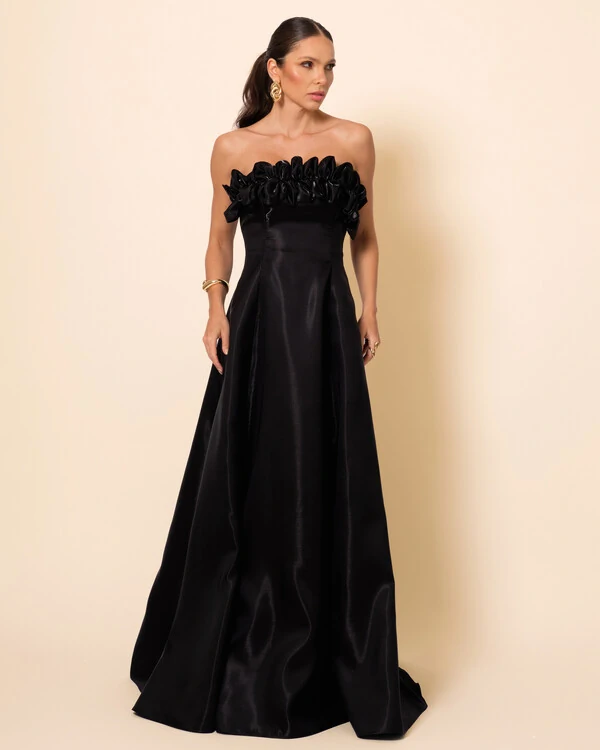 Vestido de Festa Longo Cetim Cristal Tomara que Caia com Flor 3D Preto