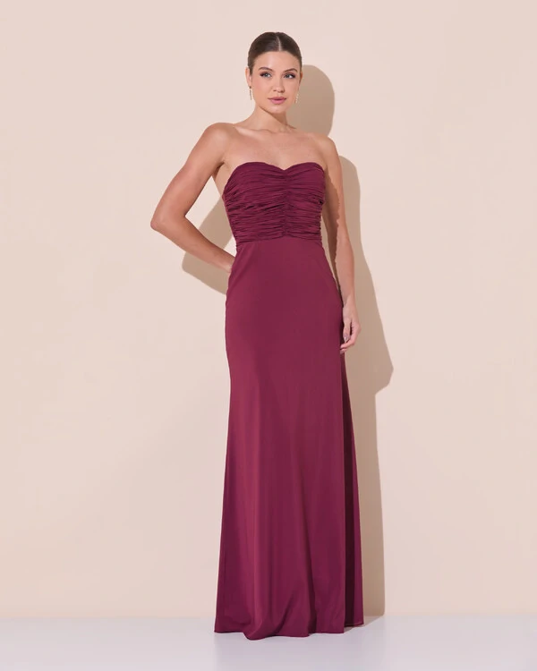 Vestido de Festa Longo Ombro a Ombro Plissado Crepe Chiffon Capa Flor 3D Marsala