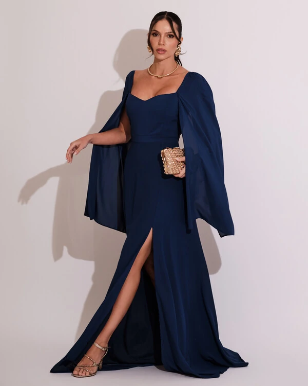 Vestido de Festa Longo com Capa Azul Marinho