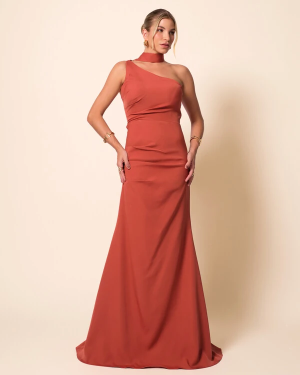 Vestido de Festa Longo Alafataria Um Ombro Só Detalhe Drapeado Terracota