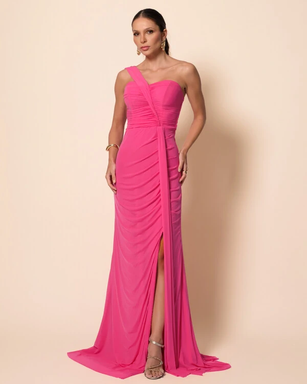 Vestido de Festa Longo Tule Tomara que Caia Faixa Detalhe Drapeado e Fenda Pink