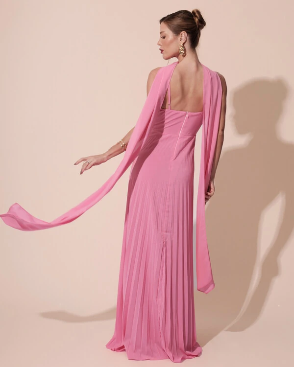 Vestido de Festa Longo Plissado Crepe Chiffon com Alça e Lenço Rosa