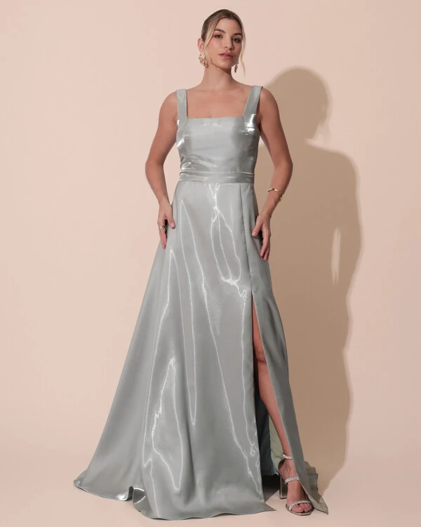 Vestido de Festa Longo Zibeline Cristal com Fenda e Faixa Verde Menta