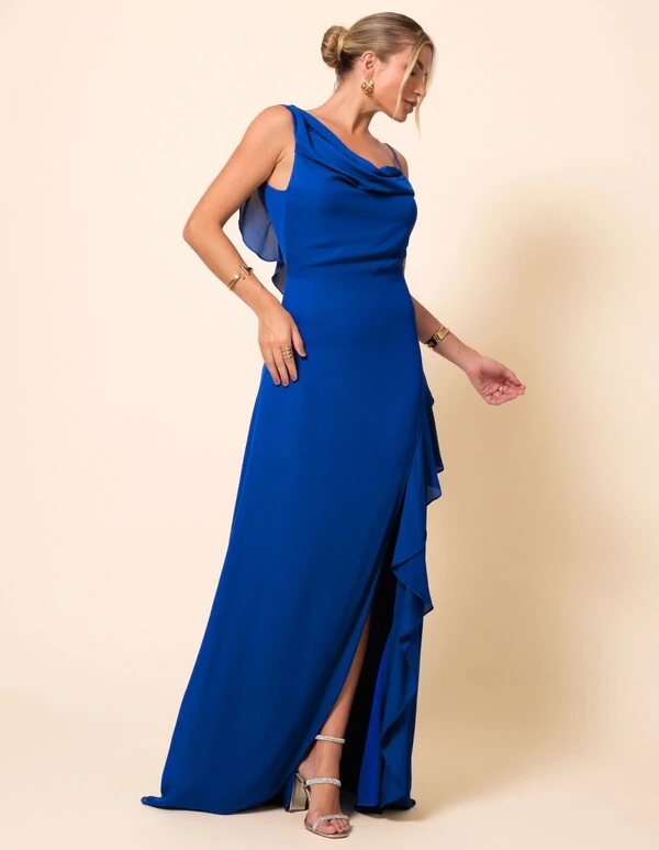 Vestido de Festa Longo Crepe Chiffon Degagê com Fenda e Babado Cascata Azul Royal