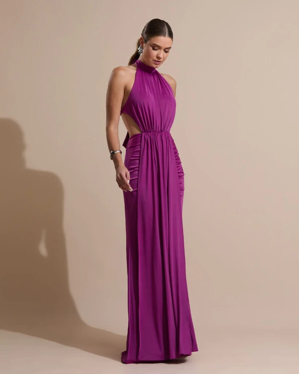 Vestido de Festa Longo Malha Jersey Gola Alta Saia Sereia Fúcsia