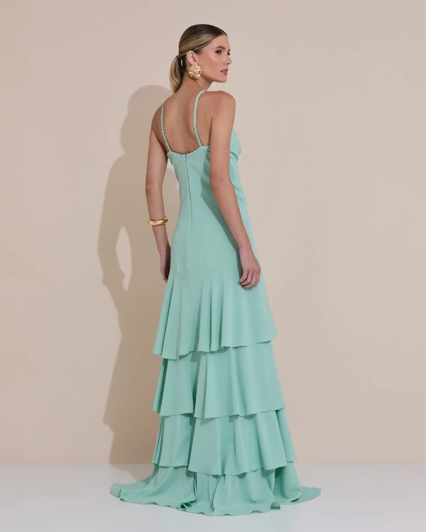 Vestido Longo Crepe com Babado em Camadas Verde Menta