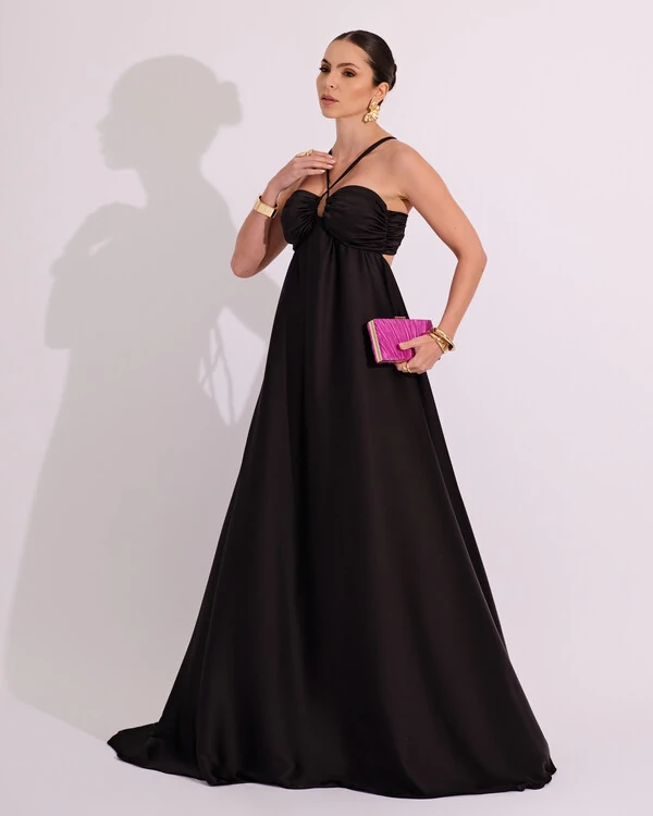 Vestido de Festa Longo Cetim Fluido Frente Única Costa Cruzada Preto
