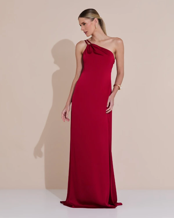 Vestido de Festa Longo em Cetim Fluido um Ombro Só com Lenço Marsala