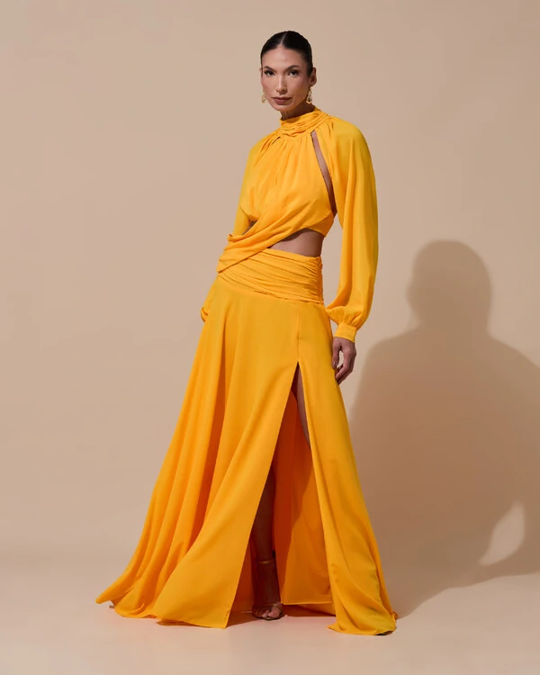 Vestido de Festa Longo Gola Alta Crepe Chiffon Recortes Drapeado Manga Longa Fenda Laranja Manga New
