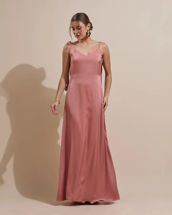 Vestido de Festa Longo Decote Degagê Costas Cetim Flores 3D Alças Rosa Blush