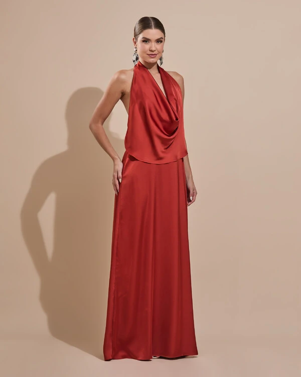 Vestido de Festa Longo Cetim Fluido Frente Única Degagê Mil Formas Terracota