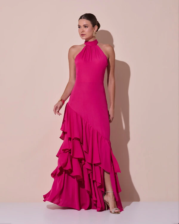 Vestido de Festa Longo Chiffon Crepe Gola Alta Babados Pink Escuro