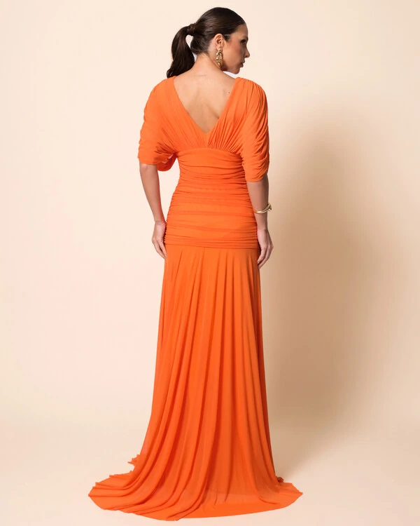 Vestido de Festa Longo Tule Manga Curta Drapeado Laranja
