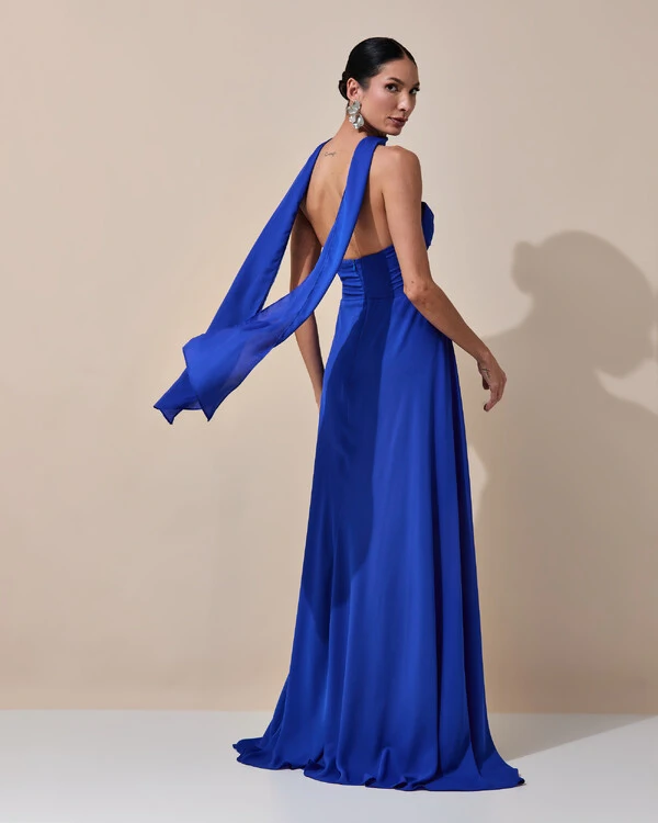 Vestido de Festa Longo Tomara que Caia Crepe Chiffon Decote Coração Lenço Azul Royal