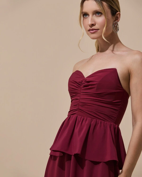 Vestido de Festa Longo Crepe Chiffon Tomara que Caia Peplum Drapeado Marsala New