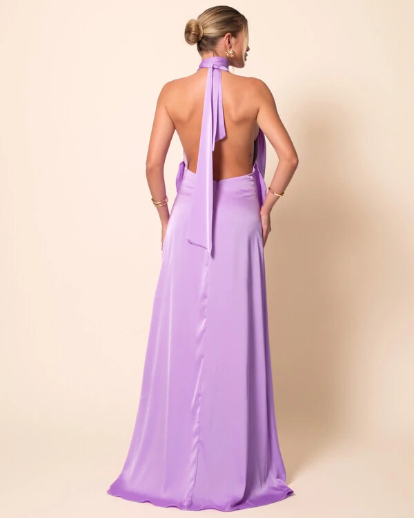 Vestido de Festa Longo Cetim Fluido Frente Única Degagê Mil Formas Lilás