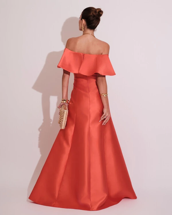 Vestido de Festa Longo Ombro a Ombro Zibeline com Babado Laranja
