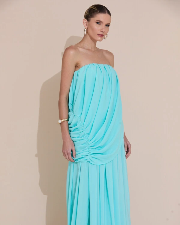 Vestido de Festa Longo Tomara Que Caia Crepe Chiffon Drapeado Tiffany