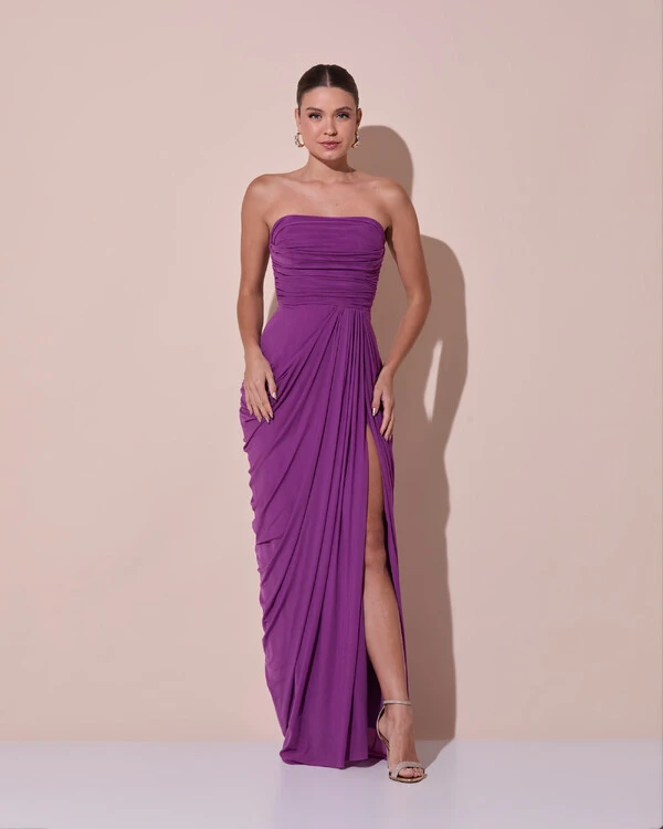 Vestido De Festa Longo Tomara que Caia Tule Drapeado Fenda Fúcsia New
