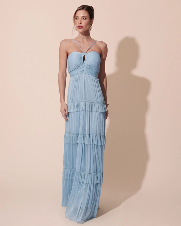 Vestido de Festa Longo Tule com Saia Babado Azul Serenity