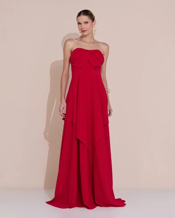 Vestido de Festa Longo Tomara que Caia Crepe Chiffon Drapeado Camadas Vermelho