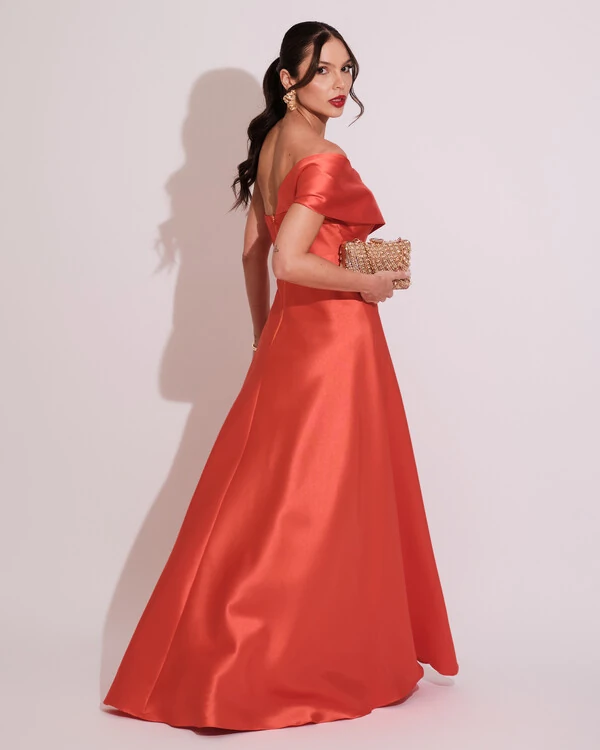 Vestido de Festa longo Faixa Ombro e Fenda Zibeline Laranja