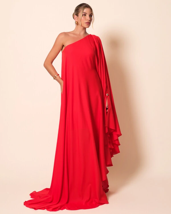 Vestido de Festa um Ombro com Capa Crepe Fluido Vermelho New