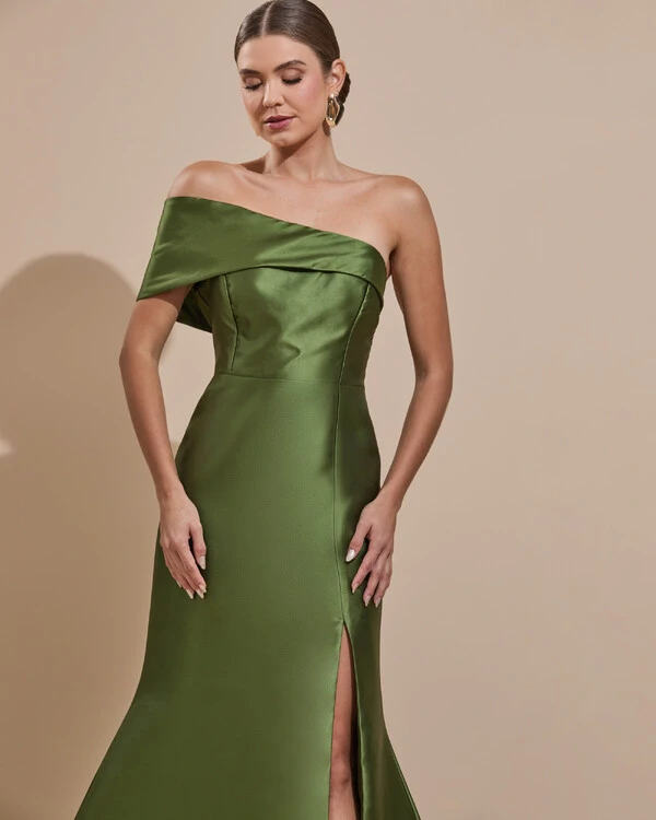 Vestido de Festa Zibeline com Faixa Ombro a Ombro Verde Oliva