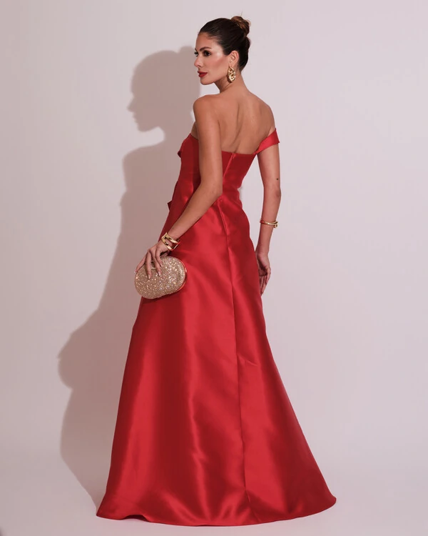 Vestido de Festa Longo Zibeline um Ombro Só Mullet Vermelho