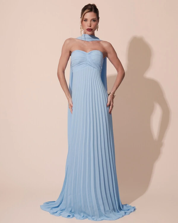 Vestido de Festa Longo Tomara que Caia Plissado com Lenço Azul Serenity