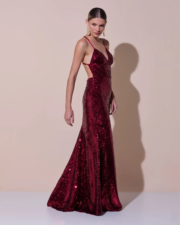 Vestido de Festa Longo Decote V Paetê Alças Finas Saia Sereia Marsala