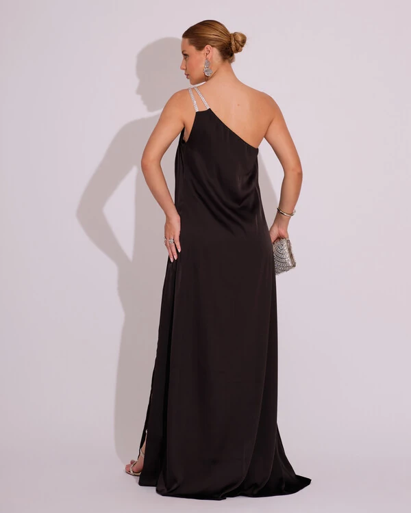 Vestido de Festa Longo Cetim Um Ombro Só Preto