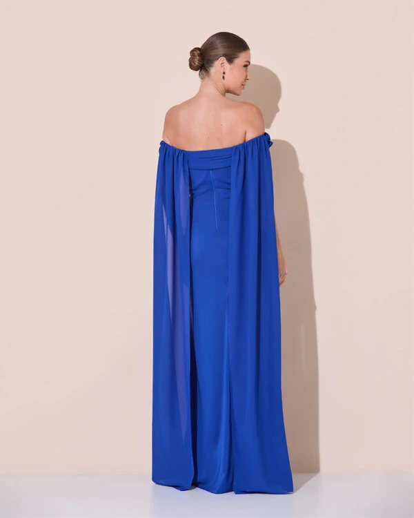 Vestido de Festa Longo Ombro a Ombro Plissado Crepe Chiffon Capa Flor 3D Azul Royal