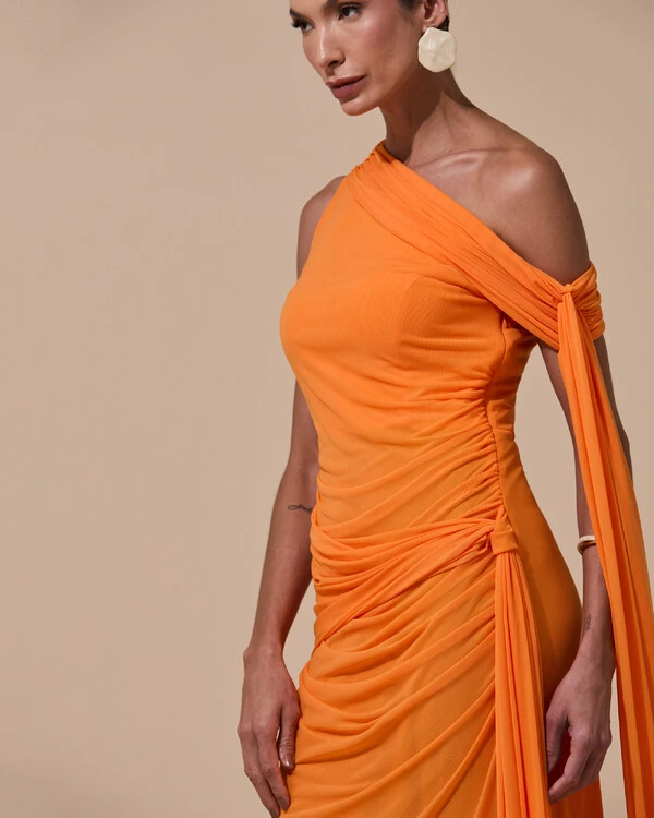 Vestido de Festa Longo Um Ombro Só Tule Faixa Drapeada Lenço Laranja New