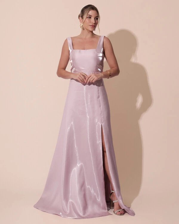 Vestido de Festa Longo Zibeline Cristal com Fenda e Faixa Rosa