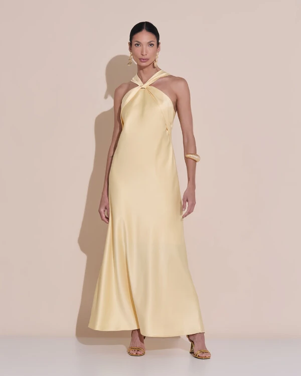 Vestido de Festa Midi Frente Única Cetim Amarelo Manteiga