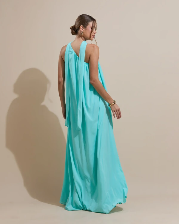 Vestido de Festa Longo Crepe Fluido um Ombro Só com Lenço Tiffany
