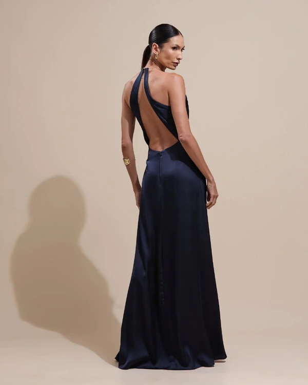 Vestido de Festa Longo Cetim Fluido com Argola Frente Única Azul Marinho