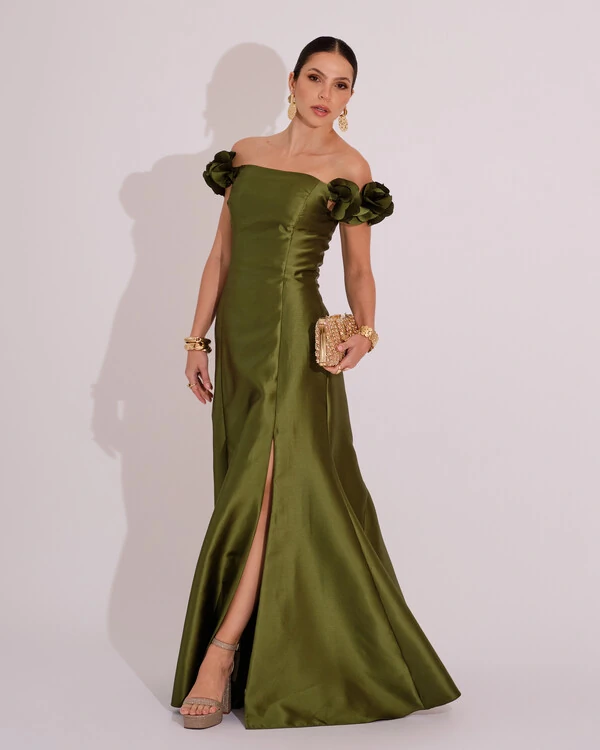 Vestido Longo de Festa Zibeline Ombro a Ombro com Flores e Fenda Verde Oliva